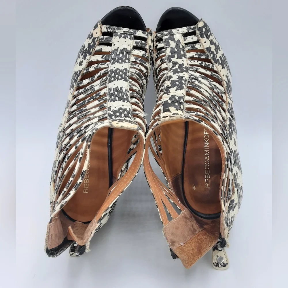 Rebecca Minkoff Sydney Snake Print Cage Wedge Sandal Size 7.